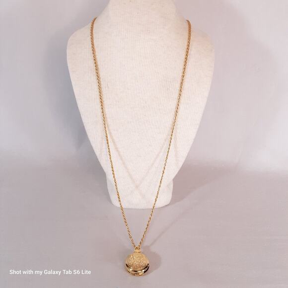 Ornate Mystery Locket Necklace Gold Tone Opera Length - Picture 3 of 14